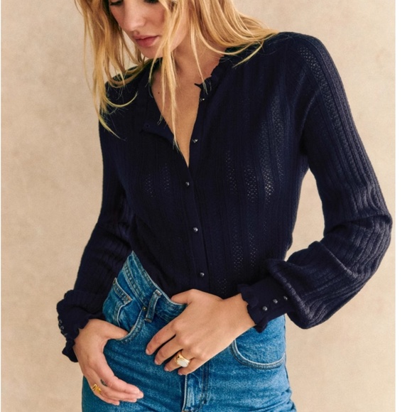 BEST Sezane Louis Cardigan - Navy Blue Knit Sweater French Causal Soft - Picture 2 of 9